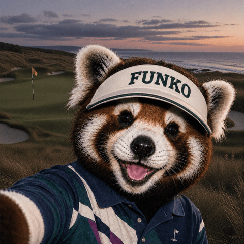 Funkornaut avatar: a red panda in a FUNKO visor on a links golf course at sunset